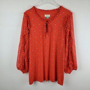 Maeve top orange print peasant style ruffled sleeves women's 1X anthropologie
